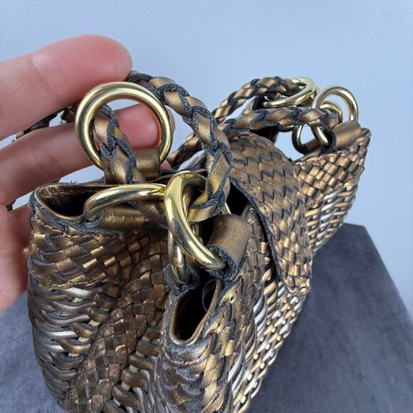 Vintage CEM Woven Leather Metallic Bronze Gold Purse | 80's 90s Bucket Style Bag - Picture 5 of 15